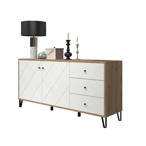 trendteam smart living Touch Sideboard Weiß/Eiche - Modernes Highboard mit 2 Türen - Kommode in Weiß matt mit dekorativen Fräsungen und extravaganten schwarzen Metallfüßen. Bietet viel Stauraum mit 2 Türen und 3 Schubladen. FSC-zertifiziert für verantwortungsvolle Waldwirtschaft.