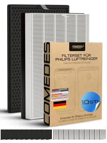 Comedes Filter-Set einsetzbar statt Philips FY2420 Aktivkohlefilter und FY2422 Nanoprotect für Philips Luftreiniger AC2889/10, AC2887/10, AC2882/10 & AC3829/10 - Hepa Filter gegen Staub (10 Stück)