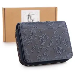 Damen Geldbörse RFID Echtleder Handgefertigt Reißverschluss 11 cm Marineblau