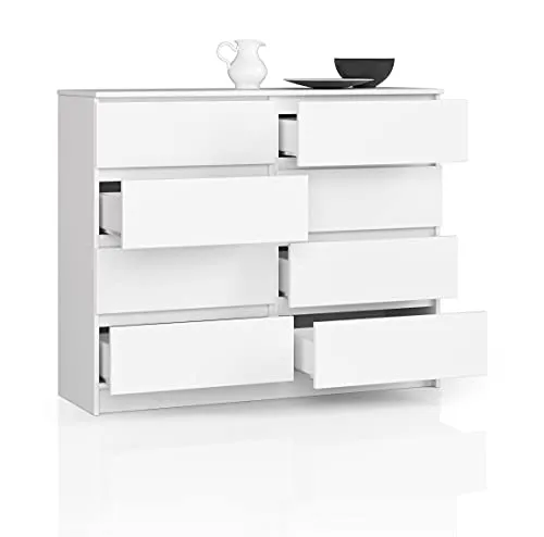BDW Kommode, 8 Schubladen, viel Stauraum, Kleiderschrank, Flur, Badezimmerschrank, Kommode, Multifunktionsschrank. Abmessungen: 120 x 99 x 40 (Weiß)