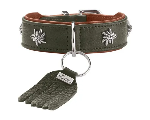 Halsband München grün Cognac - Klassisches Hunde-Halsband im Trachten-Look, aus hochwertigem Premiumleder, Made in Germany, Größe 32 cm