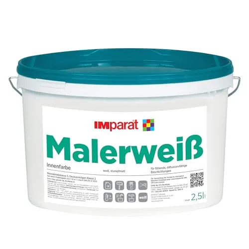 IMparat Malerweiß | weiß, 2,5 Liter | matte Wandfarbe | atmungsaktiv | Innenfarbe | waschbeständige Wohnraumfarbe | hohe Deckkraft | ideale Renovierfarbe | sehr ergiebig | Profi-Qualität ab Werk