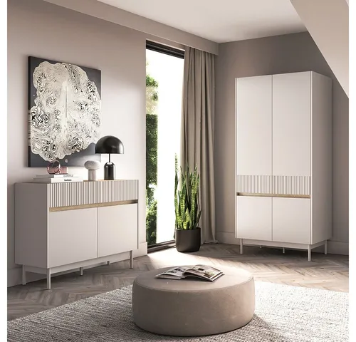 Lomadox Schlafzimmer-Set DINAR-131, (Spar-Set, 2-tlg., Kleiderschrank Sideboard Nachtkommode), kaschmir matt Eiche-Dekor modern Metallfüße grifflos Rillen