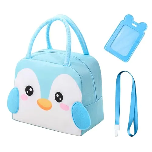 MAXQUU 1-Teilige Lunchtasche Für Kinder Mit 1 Kartenhalter Und 1 Schlüsselband, Isolierte Cartoon-Lunchtasche, Faltbare Wasserdichte Lunchtasche (Blau)