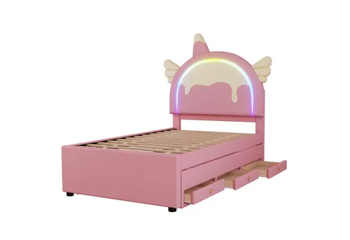 Odikalo Kinderbett Rollbett Cartoon Einhornform Ausziehbar PU-Leder LED Rosa/Blau 90/140