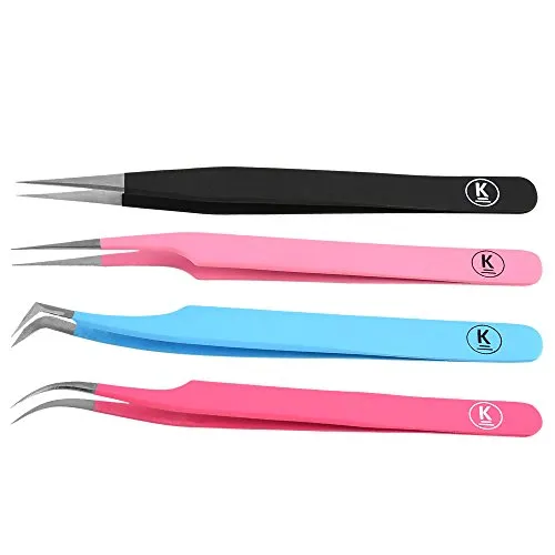 K-Pro Pinzetten Set für Wimpernverlängerung - 4-teiliges Profi Set aus Edelstahl mit Magnet-Etui, ideal für präzises Arbeiten bei Wimpernverlängerungen und Kosmetik. Inklusive 2 geraden und 2 gebogenen Pinzetten für vielseitige Anwendungen.