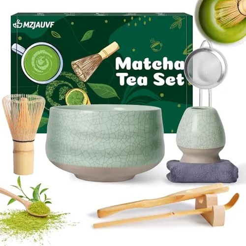MZJAUVF Matcha Set, 8-teiliges Matcha Tee Set, Matcha Besen, Matcha-Schale, Filterlöffel, Sieb und Matcha-Löffel, Besenhalter, Teetuch, Matcha Whisk, Geschenk für Einsteiger, Matcha-Liebhaber
