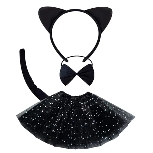 Uzndq Katzenkostüm Kinder,4pcs Katze Schwarz Kostüm Katze ohren Mädchen Tierkostüm Kinder Halloween Rock Halloween Cosplay Kostüm