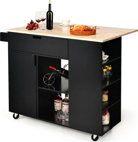 COSTWAY Küchenwagen mit ausziehbarer Arbeitsfläche - Servierwagen mit geräumiger, klappbarer Arbeitsplatte, 5 flexiblen Rädern und viel Stauraum für eine organisierte Küche.