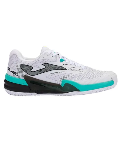 Joma Tennisschuhe Roland Allcourt Dämpfung 2024 - Herren in Weiß/Türkis/Schwarz, Größe 44,5 - Leistungsstarke Tennisschuhe für Profis, getestet von Spielern. Atmungsaktives Jacquard-Mesh und optimale Dämpfung bieten höchsten Komfort auf dem Platz.