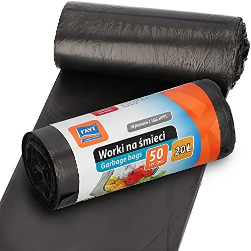 RAVI Müllbeutel, 20L, 50 Stück, Schwerlast Beutel, reißfeste Abfallsäcke, Säcke aus resistenter HDPE-Folie, Müllsäcke für Küche, Garage, Abfallbeutel aus wasserresistenter Folie, schwarz
