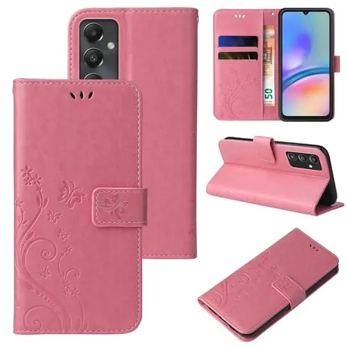 LBH Handy Hülle für Samsung Galaxy A05s Case Handytasche Schmetterling Blumen Flower Standfunktion Schutzhülle Magnet Rundum Schutz 360 Grad Flipcase Cover Rosegold