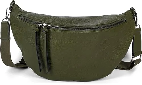styleBREAKER Damen Halbmond Crossbody Schultertasche in Oliv - Modische Damen-Schultertasche mit abnehmbaren, verstellbarem Schultergurt und praktischem 2-Wege-Reißverschluss - vielseitig tragbar als Umhängetasche oder Crossbag.