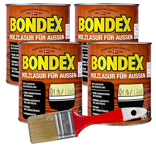 Bondex Holzlasur für aussen 3L inkl. 50mm Pinsel Intensivschutz vor Nässe, UV-Strahlung und Umwelteinflüssen für alle Hölzer im Außenbereich (Teak)