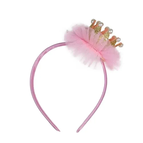 Das Kostümland Prinzessin Glitzer Krone mit Perlen und Rüschen | Haarreif Rosa (1)