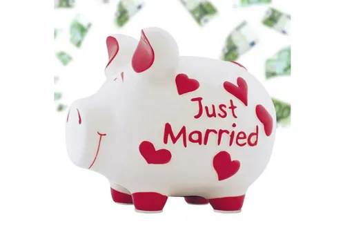 matches21 HOME & HOBBY Spardose Große Hochzeit Spardose Sparschwein JUST MARRIED weiß, rot 17 cm, Keramik Sparbüchse - Gummistopfen zum Öffnen