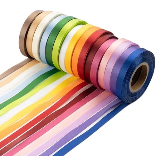 WIESEN.design Geschenkband 16 Farben (23 m x 10 mm per Rolle) - farbecht, wasserbeständig, resistent gegen Ausfransen - Satinband, Schleifenband, Ribbon Band, Stoffband, Bänder zum Basteln, Seidenband