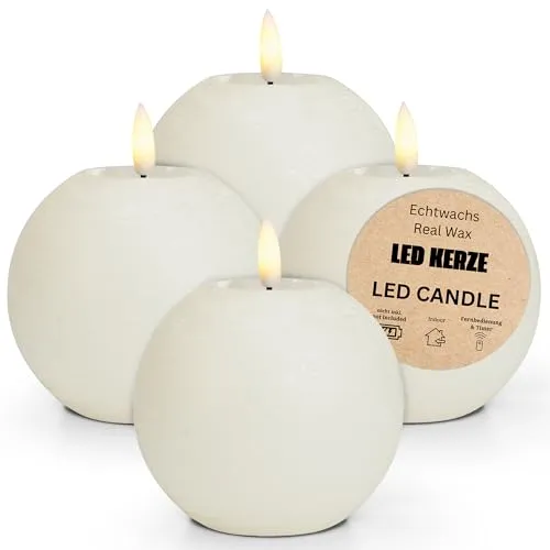 matches21 HOME & HOBBY LED Kerzen Kugeln 2er Set aus Echtwachs mit Timerfunktion - Kerzen realistisch flackernde Flamme warmweiß Ø 10 x 9 cm - Elektrische Wachskerzen in Weiß als gemütliche Tischdeko