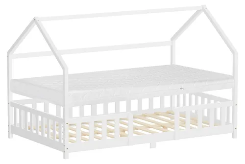 ML-Design Kinderbett 120x200cm mit Matratze und Rausfallschutz - Weiß - Modernes Kinderbett im Hausdesign aus stabilem Kiefernholz mit integriertem Rausfallschutz. Ideal für kreatives Spielen und sicheres Schlafen. Inklusive Lattenrost und komfortabler Kaltschaummatratze für besten Schlafkomfort.