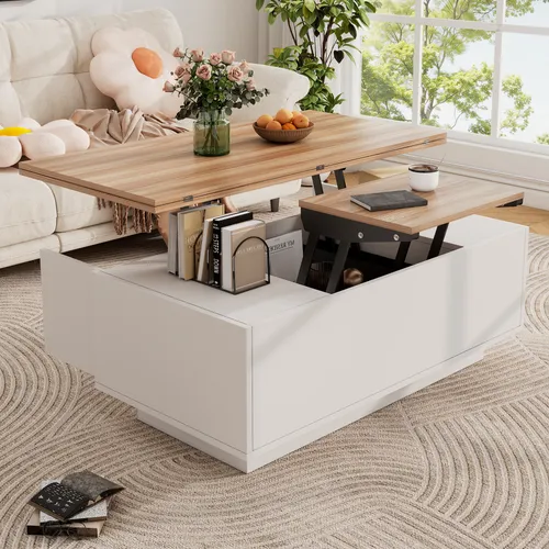 okwish Couchtisch Sideboard Freizeittisch/Kaffeetisch mit verstecktem Stauraum,mit Doppel-Hebemechanismus,Weiß + Natur