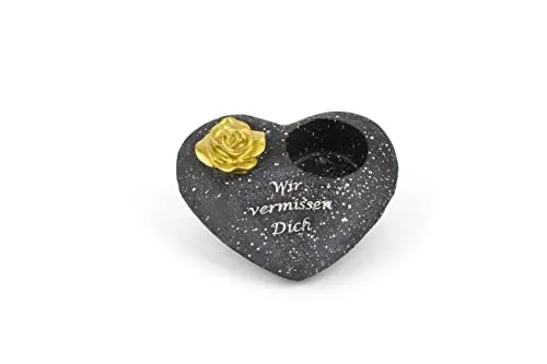 Novaliv Grabschmuck Herz Schwarz mit Rose Spruch Wir vermissen Dich Grabdeko Grabherz Wetterfest Grabdekoration Gedenkstein Teelichthalter Trauerstein