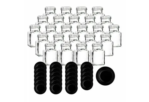 gouveo 24er Set Einmachgläser 150 ml eckig mit Schraubdeckel schwarz - Einmachgläser für kreative Köche: Perfekt zum Einwecken von Marmelade, Chutney und mehr. Hochwertiges Klarglas mit sicherem Drehverschluss - ideal für Geschenke und vielseitige Aufbewahrung!