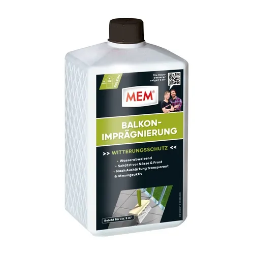 MEM Balkon-Imprägnierung 1 l - Wasserabweisende und atmungsaktive Imprägnierung für saugende Untergründe, ideal für Terrassen und Balkone. Lösemittelfrei und schützt vor Feuchtigkeit mit einem Wasserabperleffekt.
