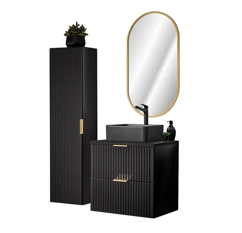 Lomadox Badmöbel-Set ADELAIDE-56-BLACK: Elegantes Spar-Set in Matt Schwarz - Badmöbel-Set ADELAIDE-56-BLACK, modernes Design mit gerillter Front und LED-Spiegel, ideal für stilvolle Badezimmer mit Softclose-Systemen und hochwertigem Keramik-Waschbecken.