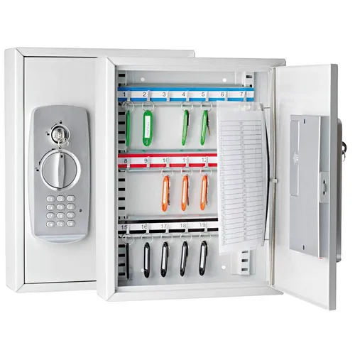 WEDO Schlüsseltresor grau mit 21 Haken - Safes mit Elektronik- und Standardschloss, ideal für die sichere Aufbewahrung von Schlüsseln, inklusive 2 nummerierte Schlüssel und 4 AA Batterien.