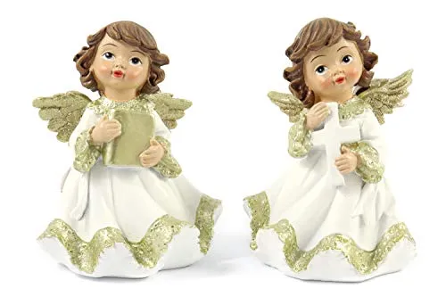 ELLUG 2er Set Engel in weiß goldenem Kleid mit goldenen Flügeln & Glitzer aus Polyresin H.: 12cm