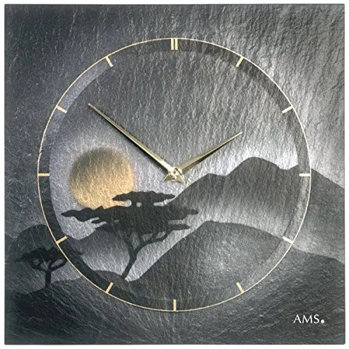 AMS Wanduhr 30 cm - Klassische Quarz-Uhr im eleganten Schieferdesign - Wohnaccessoires mit analoger Anzeige, eleganter Schiefer-Gehäuse und ideal für stilvolle Raumgestaltung.