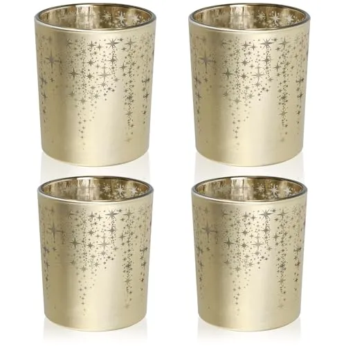 com-four® 4-teiliges Teelichthalterset - Windlichter goldfarben für Teelichter und kleine Stumpenkerzen - Teelichthalter mit Sternverzierung - Tischdeko (4X goldfarben)