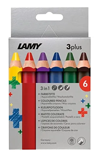 Lamy Farbstift 3plus Faltschachtel 6er Set - Farb-, Aquarell- & Wachsmalstift in einem - aus massivem Lindenholz mit ergonomischer Viereckform - Dicke Mine Ø 10 mm