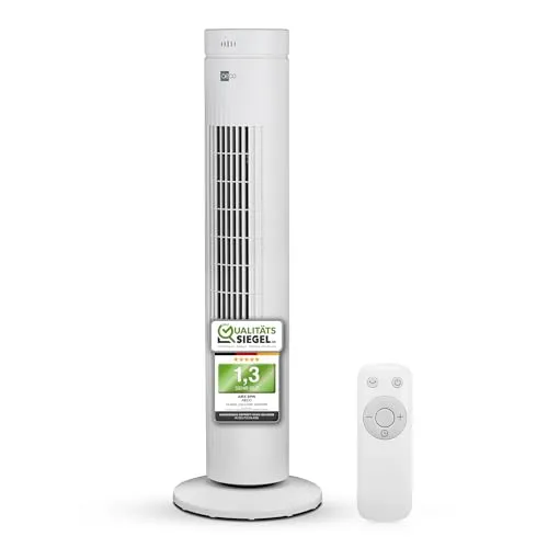 aeco AirX SPIN Turmventilator mit Fernbedienung - Turmventilator mit 3 Geschwindigkeitsstufen und 60° Oszillation für optimale Luftverteilung. Der 35W energieeffiziente Ventilator verfügt über einen 7H Timer und eine praktische Speicherfunktion.