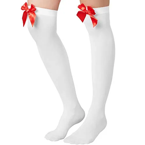 dressforfun 303447 Damen Overknee Strümpfe mit roter Schleife, lange hohe Überknie Halterlose, Polyester & Elastan, weiß