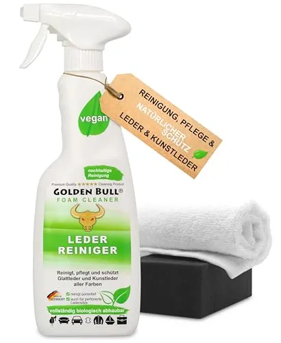 Golden Bull® Lederreiniger & Lederpflege Auto Sofa Set [STARK UND VEGAN] Leder Kunstleder Reiniger Schaum Spray 500ml, Schwamm, Tuch für Reinigung & Pflege von Ledersitz, Autositz, Ledercouch