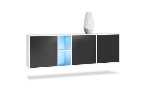 Vladon Sideboard Cuba mit LED-Beleuchtung - Modernes Design in Weiß und Schwarz - Elegantes Sideboard mit 3 Türen und 2 offenen Fächern, perfekt für stilvolle Aufbewahrung. Mit einfacher Selbstmontage und pflegeleichter Oberfläche.