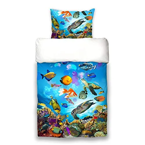 Schwanberg Bettwäsche Under Water Blau – Fische, Schildkröten & Korallen - 2-teiliges Bettwäsche-Set aus 100% Baumwolle in Renforcé-Qualität mit weichem Softtouch. Ideal für alle Jahreszeiten, schadstoffgeprüft und pflegeleicht.