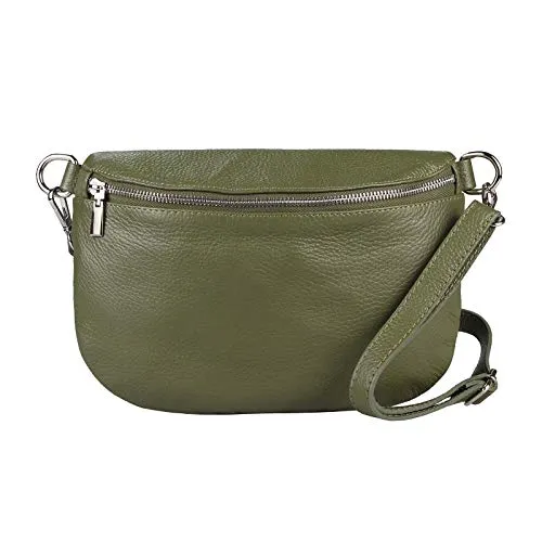 ITALYSHOP24-COM OBC Made in Italy Damen Leder Tasche Gürteltasche Crossbody Hüfttasche Bauchtasche Umhängetasche Cross-Over Bodybag Schultertasche Handytasche Olivgrün