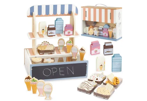 Mamabrum Holz-Konditorei für Kinder - Klappbarer Cafè-Laden mit Zubehör, kreatives Rollenspiel ab 3 Jahren fördert soziale Fähigkeiten und Kreativität