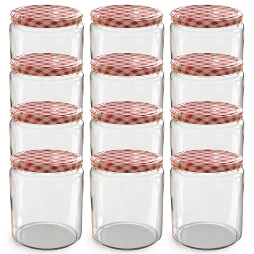 Oputec 12 x 405 ml Einmachgläser mit TO 82 Schraubdeckel rot kariert – Perfekt für Marmeladen, Konfitüren und mehr, große Gläser mit Deckel, ideal als Marmeladengläser und Schraubgläser