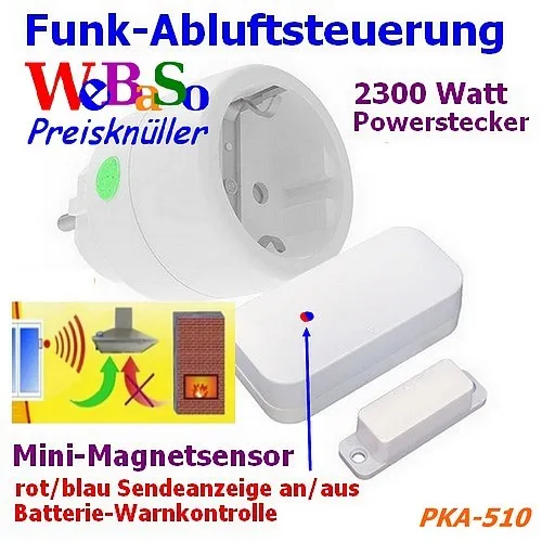 Funk-Abluftsteuerung Komplett-Set PKA-510 - Fensterschalter für Dunstabzugshauben: Automatische Steuerung bei Fensteröffnung, einfache Installation ohne Elektriker und hohe Schaltleistung bis 2300W für maximale Sicherheit.