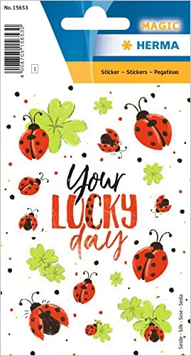 HERMA 15653 Aufkleber Marienkäfer Glück Glitzer klein, 16 Stück, Ladybug Sticker aus Seide Stoff mit Glücksklee Motiv, Kinder Etiketten für Fotoalbum Poesiealbum Scrapbooking Geburtstag Deko Briefe