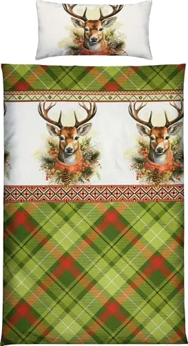 REDBEST Bettwäsche Flanell Hirsche grün Größe 40x80 cm / 135x200 cm - Wendekissenbezug, samtig weich, warmes Hautgefühl, temperaturausgleichend, pflegeleicht, mit Reißverschluss