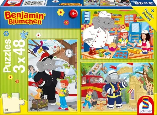 Schmidt Spiele 56209 Benjamin Blümchen, Immer im Einsatz, 3 x 48 Teile Kinderpuzzle