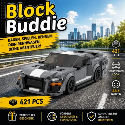 BlockBuddie™ Mustang GT 2020 inspiriertes Klemmbaustein Auto mit 421 Teilen – Sportwagen Modellbausatz