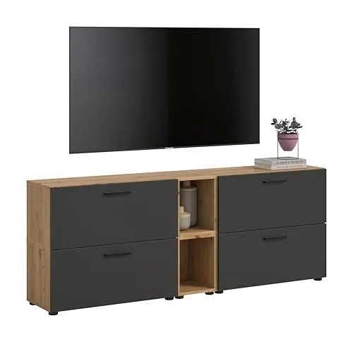 xonox.home Wohnkombination The One Artisan Oak Nachbildung / Basalt grau - Moderne Wohnkombination in Artisan Oak und Basalt grau, ideal für Wohnzimmer oder Jugendzimmer. Mit 10 Fächern und pflegeleichten Oberflächen bietet sie funktionalen Stauraum und stilvolle Ordnung.