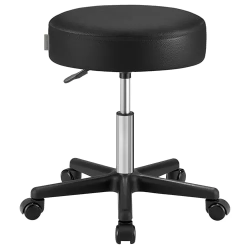 SONGMICS Drehhocker auf Rollen, höhenverstellbarer Rollhocker, 46-58 cm, mit Kunstleder bezogener Sitz, Arbeitshocker für Kosmetikstudios, Friseursalons, Büros, Praxen, schwarz LJB61B