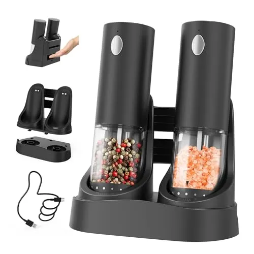 CIRCLE JOY Wiederaufladbare Elektrische Salz und Pfeffermühle 2er Set mit Doppelladestation, 95ml Transparenter Behälter, Extern Einstellbare Rauheit und Weißem LED-Licht, Schwarz