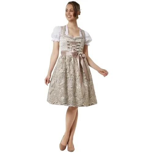 dressforfun Midi Dirndl Damen - Elegantes Trachtenkleid in Rosé und Beige - Dirndl für Damen mit edlem Ornament-Design und Satin-Zierschnürung, ideal für Oktoberfest und Trachtenfeste. Hoher Tragekomfort und pflegeleicht für lange Freude.